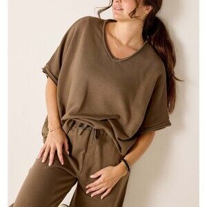 Voyageur By Mersea Frenchie Raw Edge V-Neck Sweatshirt Top Oversized OS 283408